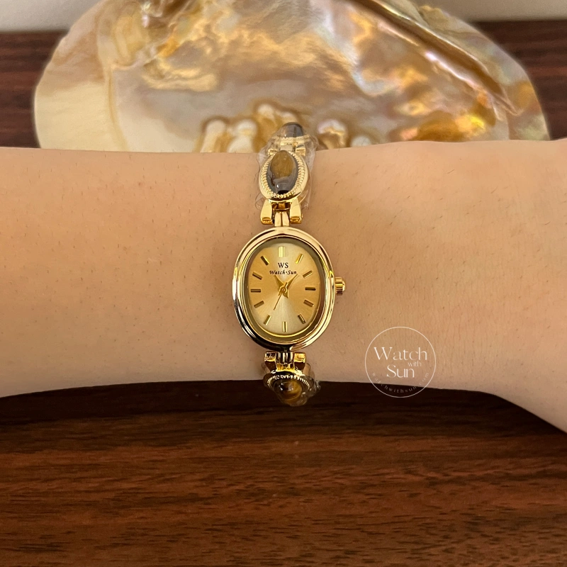 Vintage-Inspired Tiger's eyes Bracelet Watch Dainty Gold Gemstone Women's Watch
