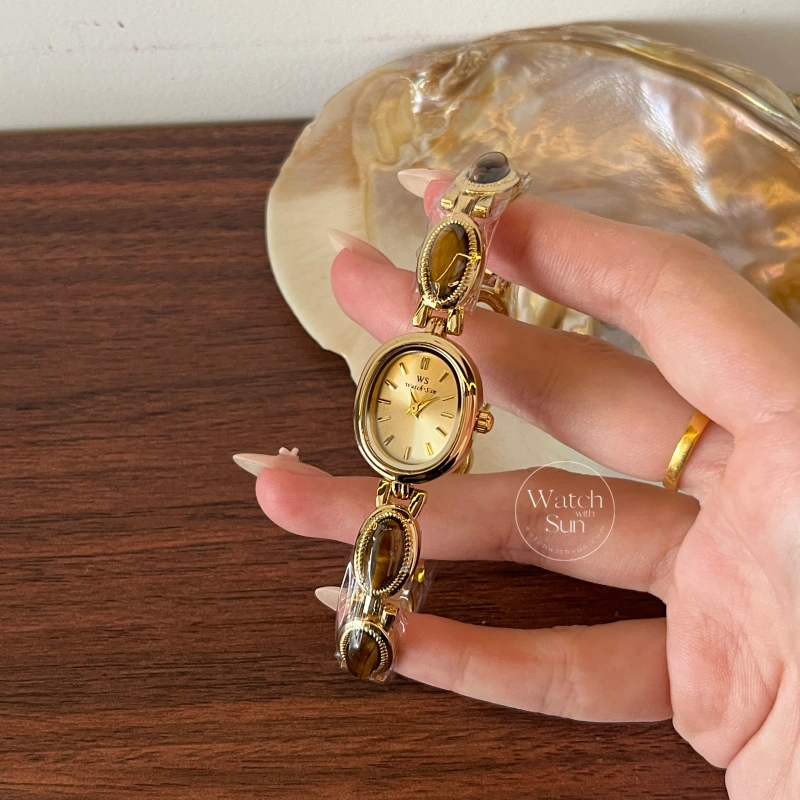 Vintage-Inspired Tiger's eyes Bracelet Watch Dainty Gold Gemstone Women's Watch