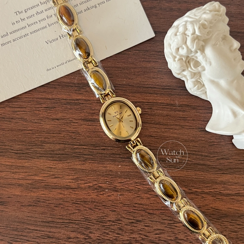 Vintage-Inspired Tiger's eyes Bracelet Watch Dainty Gold Gemstone Women's Watch