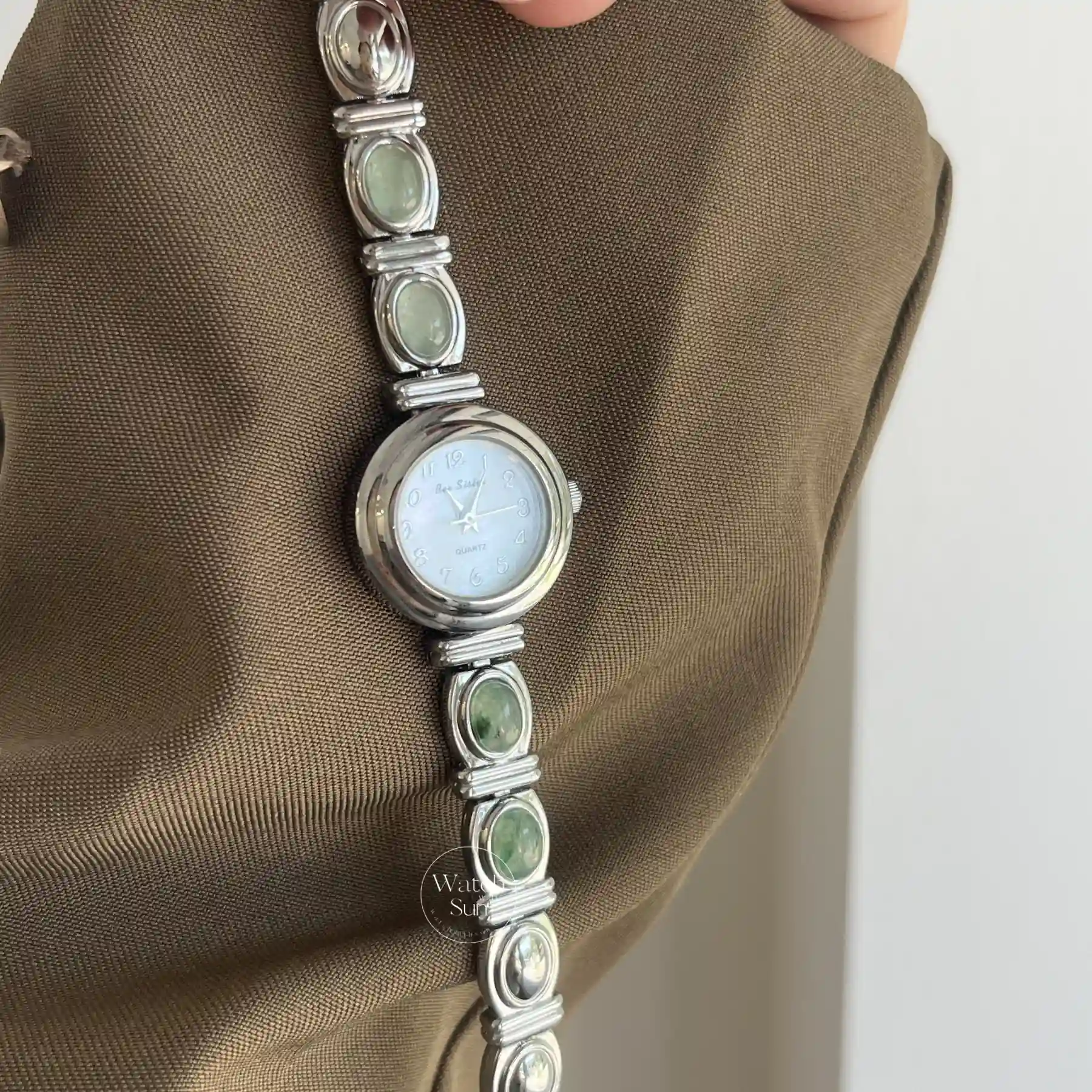 Small Face Silver Green Natural Stone Watch for Women