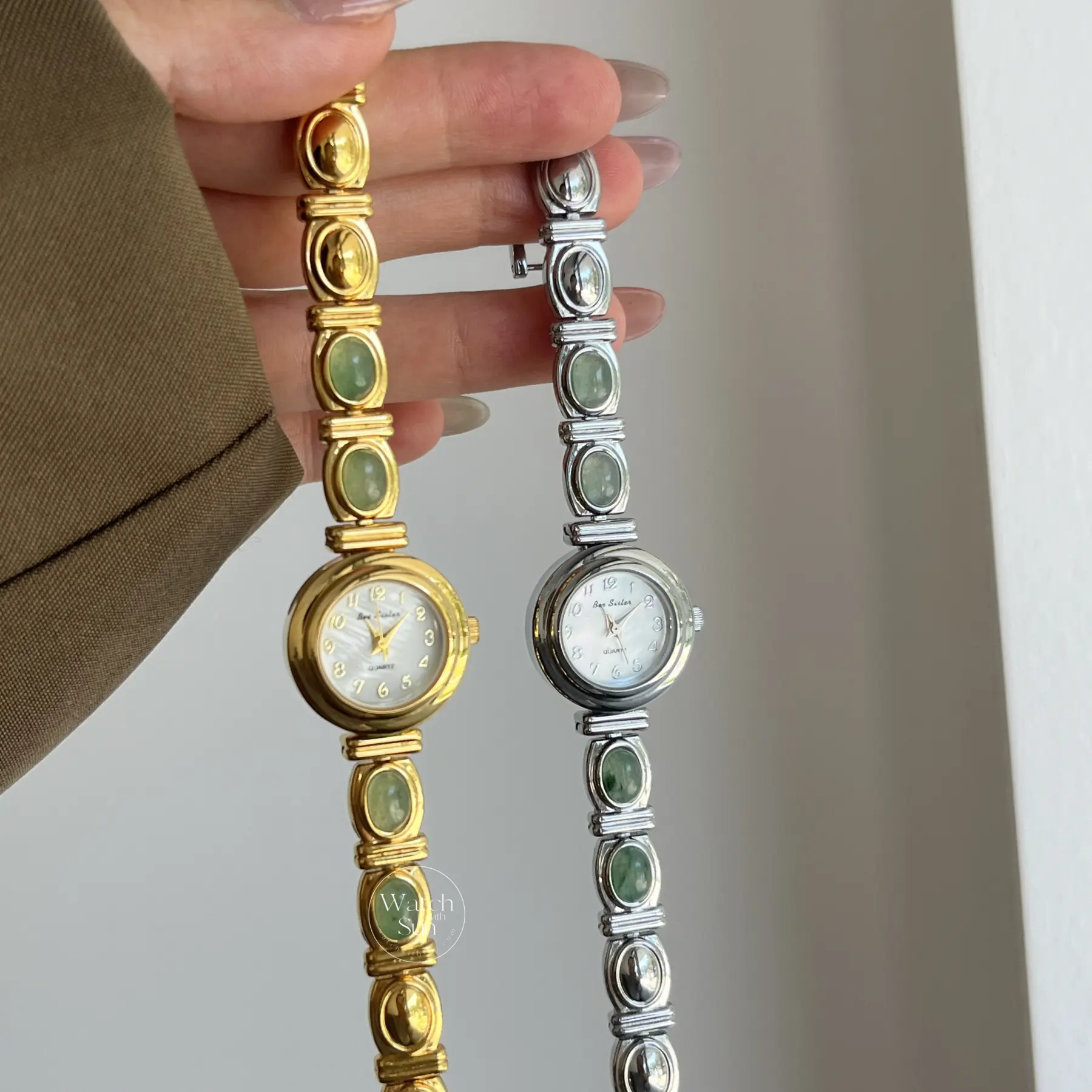 Small Face Silver Green Natural Stone Watch for Women