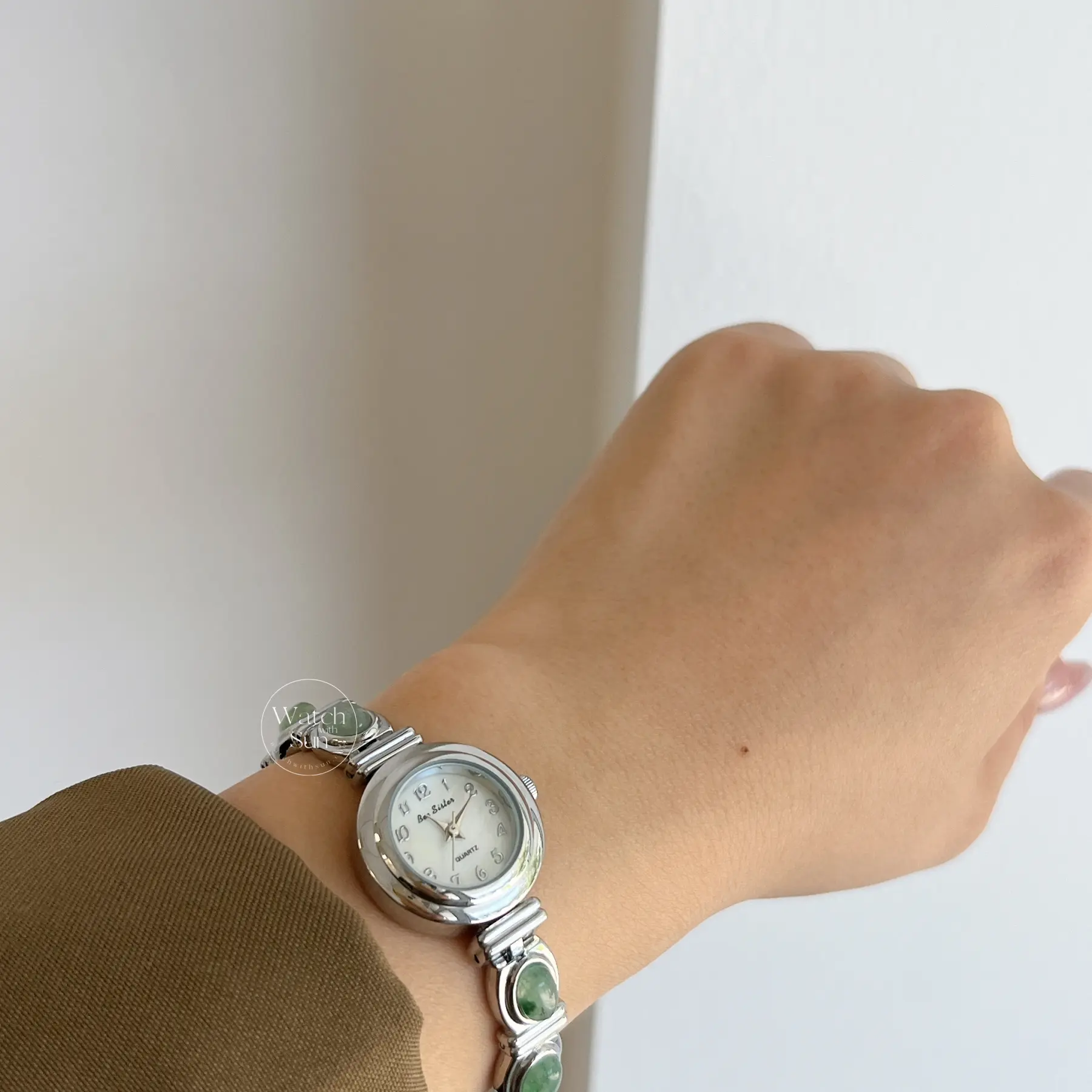 Small Face Silver Green Natural Stone Watch for Women