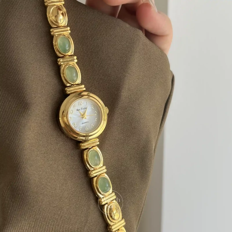 Small Face Gold Green Natural Stone Watch for Women