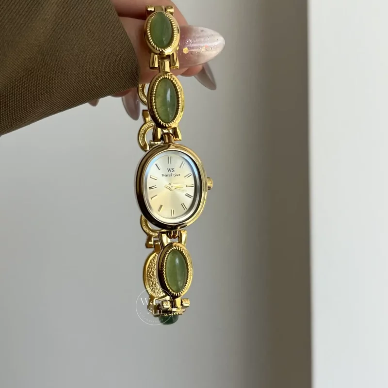 Vintage Style Green Jade Stone Bracelet Watch for Women