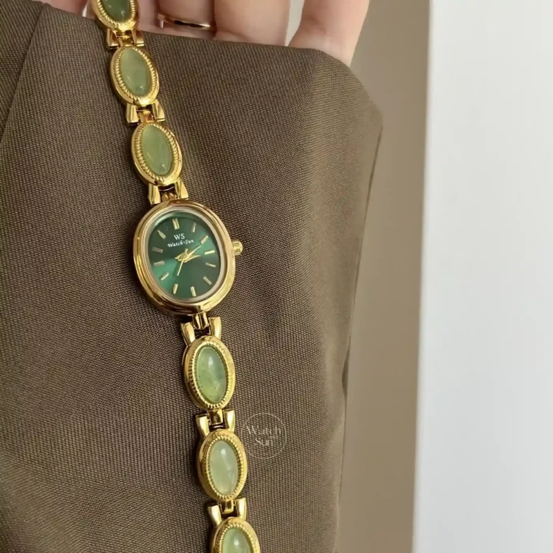 Vintage Style Green Jade Stone Bracelet Watch Green Dial Watch
