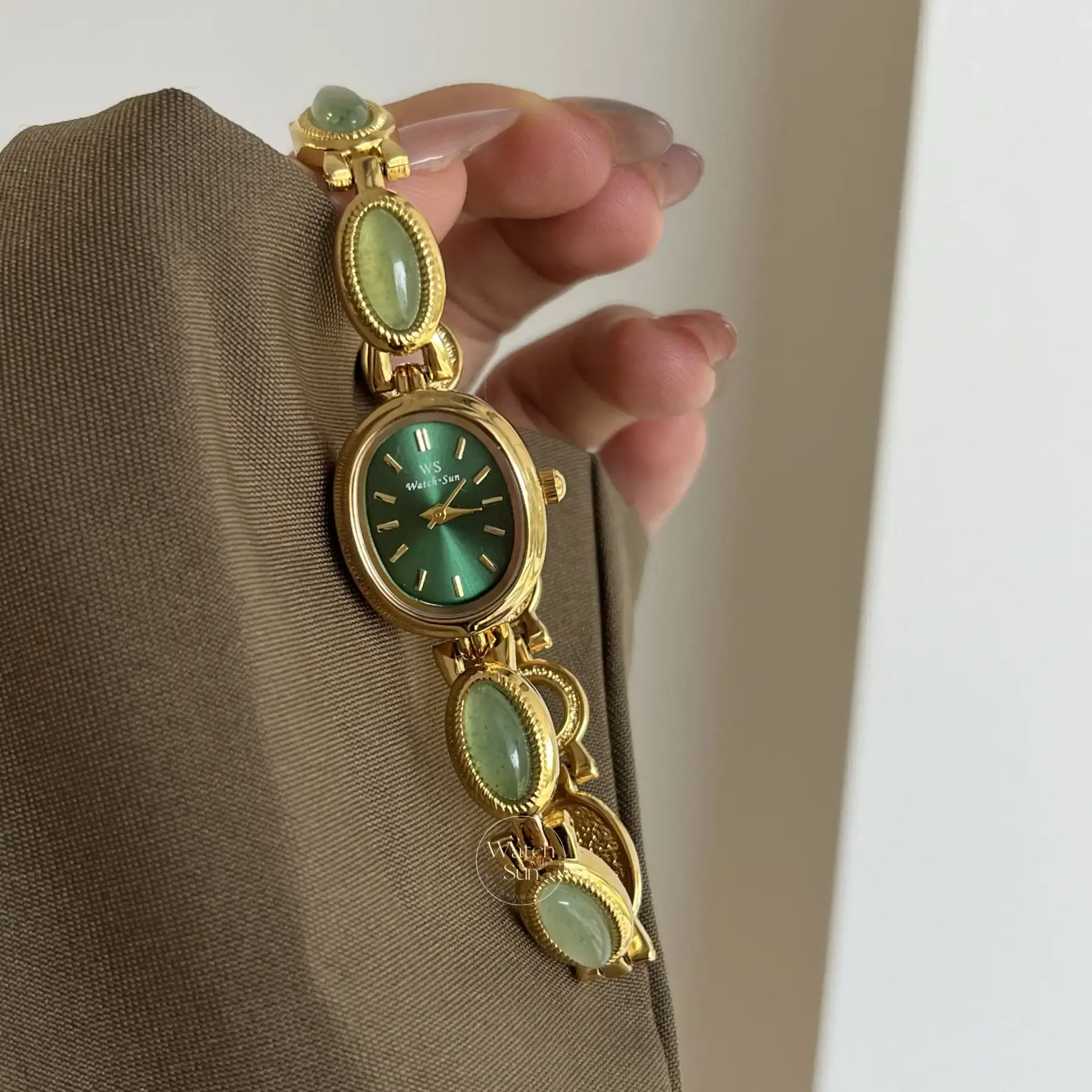 Vintage Style Green Jade Stone Bracelet Watch Green Dial Watch