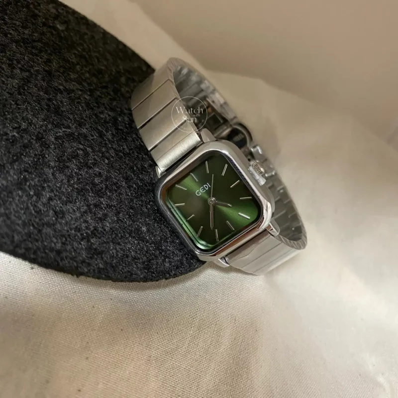 Olive Green Dial Square Face Silver Stainless Steel Laides Watch