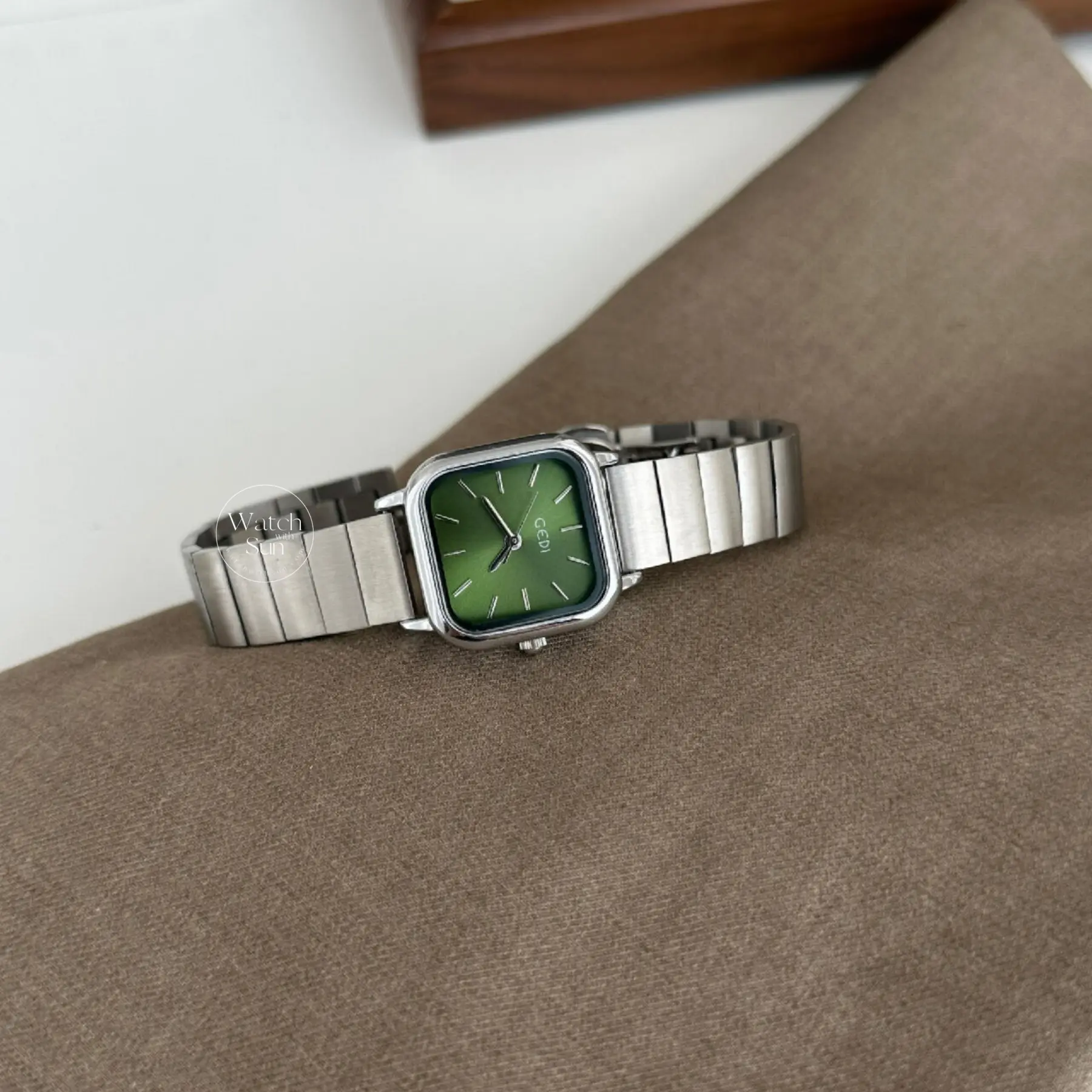 Olive Green Dial Square Face Silver Stainless Steel Laides Watch