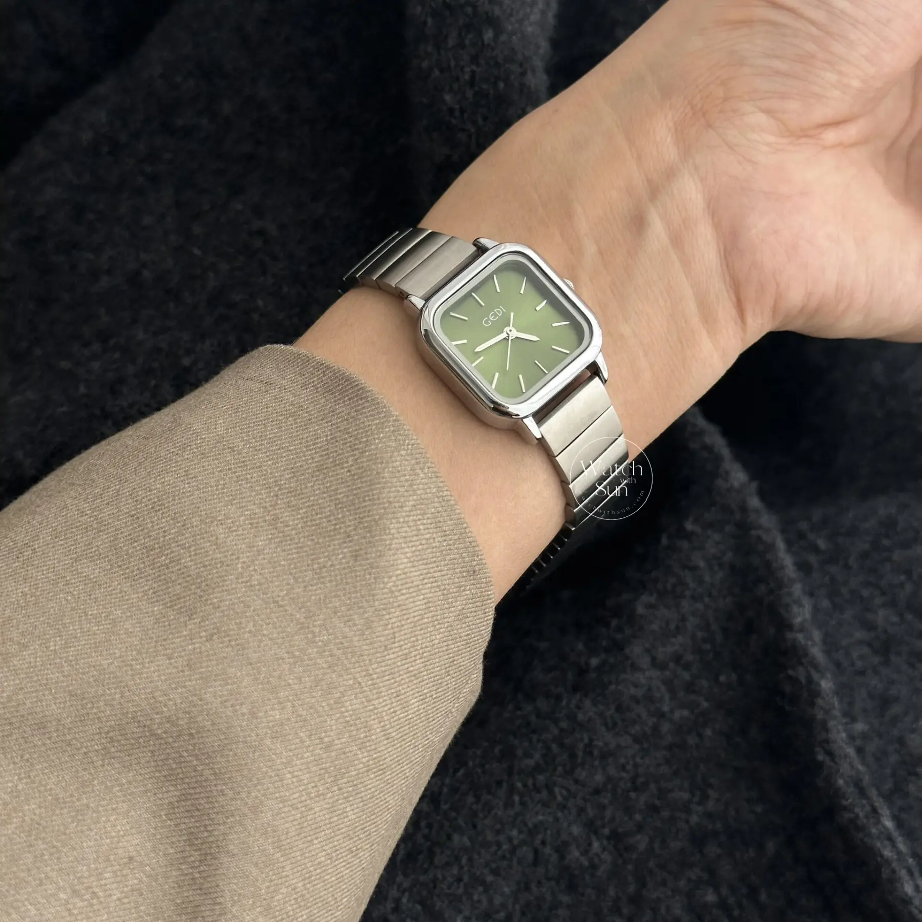 Olive Green Dial Square Face Silver Stainless Steel Laides Watch