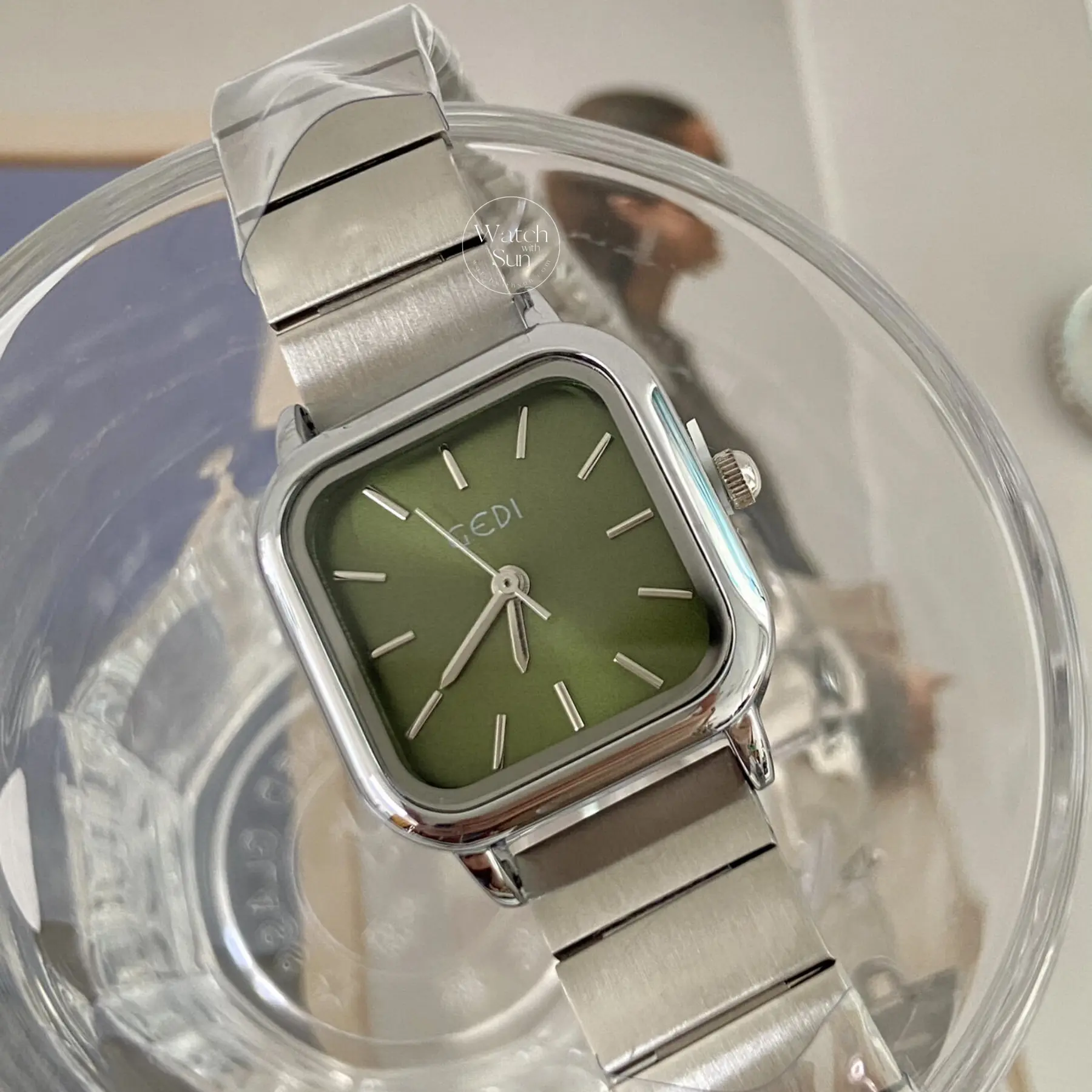 Olive Green Dial Square Face Silver Stainless Steel Laides Watch