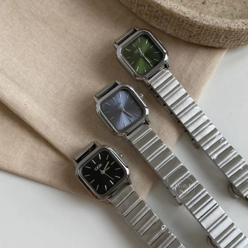 Olive Green Dial Square Face Silver Stainless Steel Laides Watch