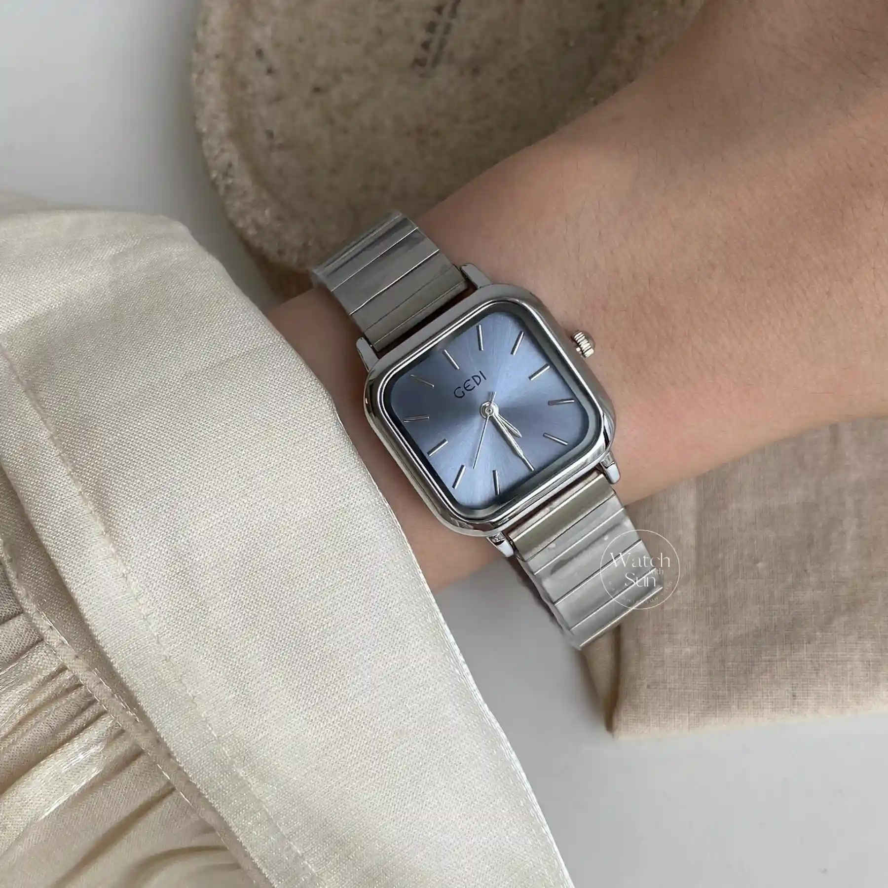 Bule Dial Square Face Silver Stainless Steel Laides Watch