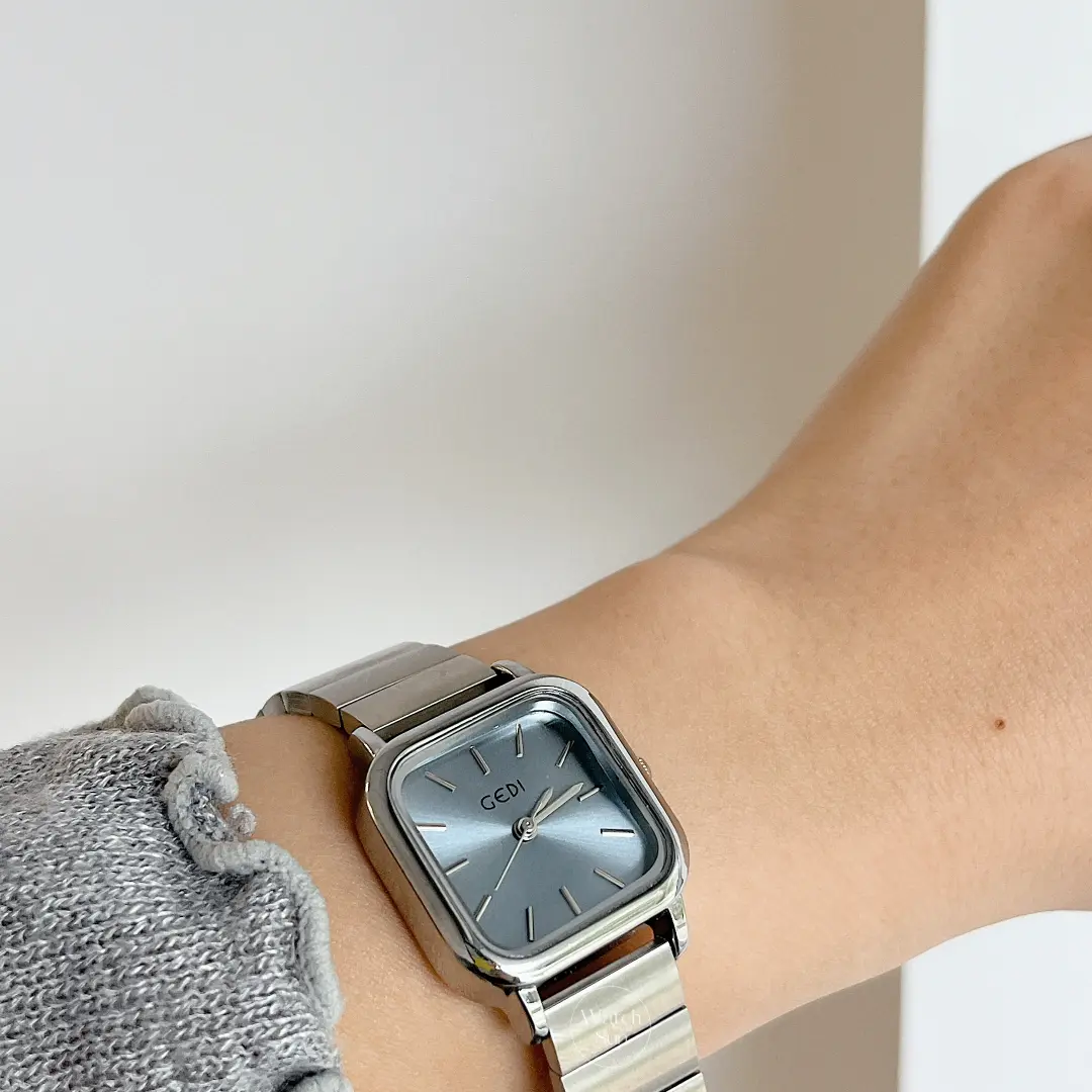 Bule Dial Square Face Silver Stainless Steel Ladies Watch