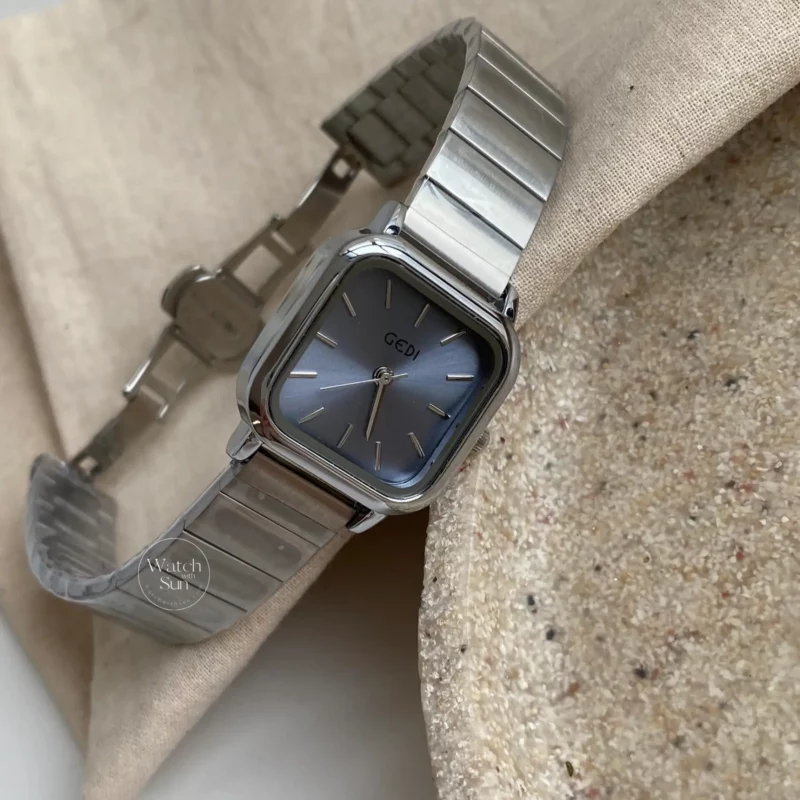 Bule Dial Square Face Silver Stainless Steel Laides Watch