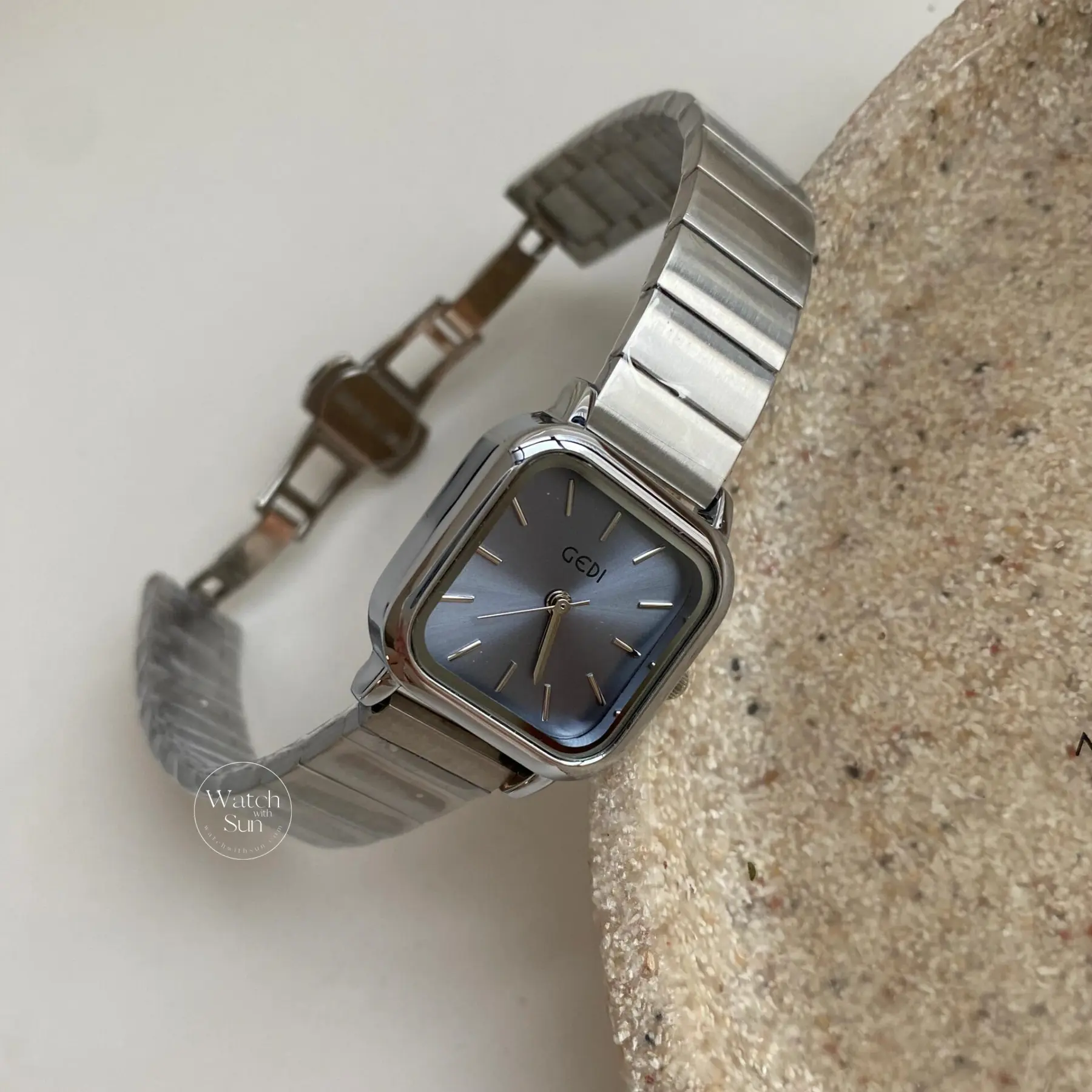 Bule Dial Square Face Silver Stainless Steel Laides Watch