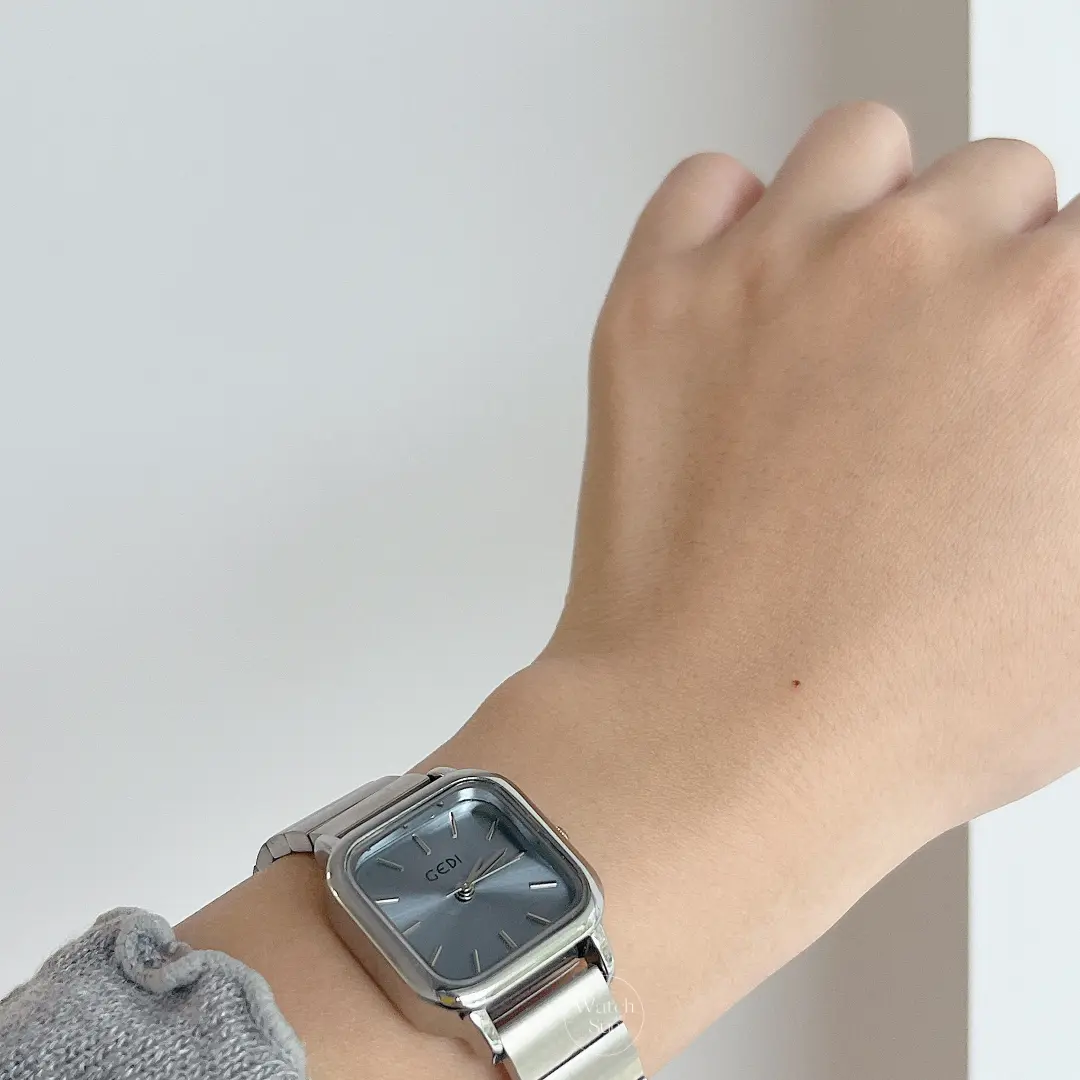 Bule Dial Square Face Silver Stainless Steel Ladies Watch