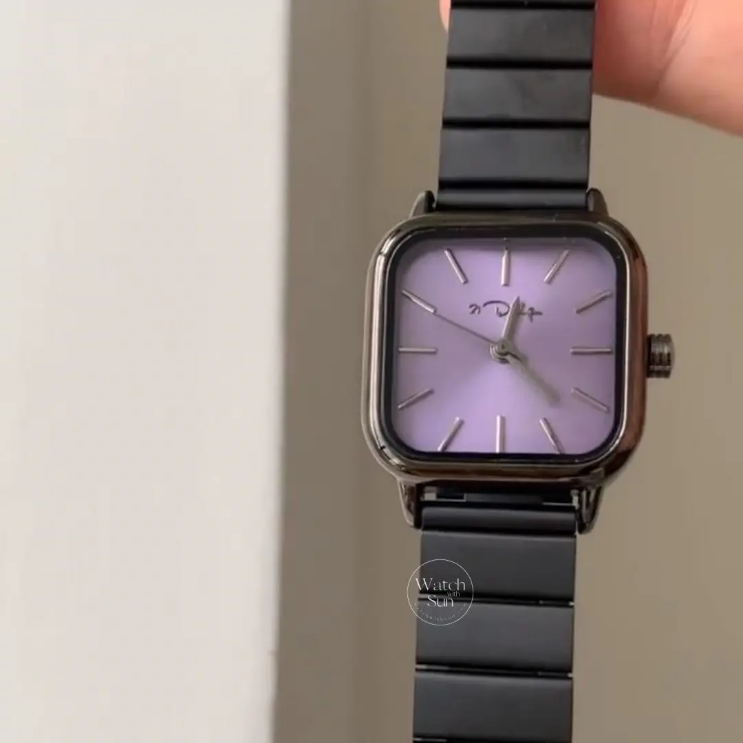 Black Stainless Band Green/Purple Dial Watch for Women