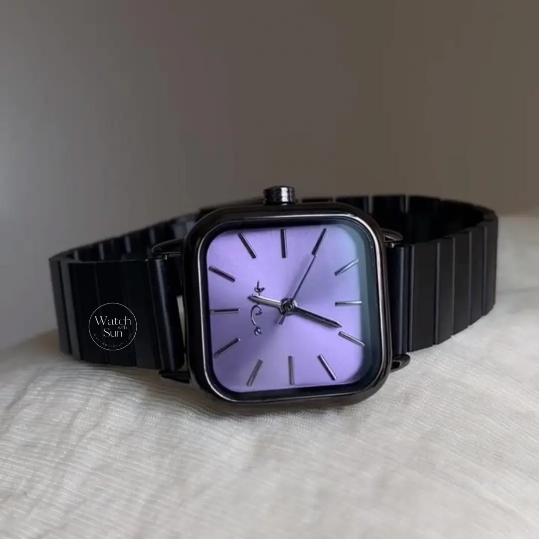 Black Stainless Band Green/Purple Dial Watch for Women