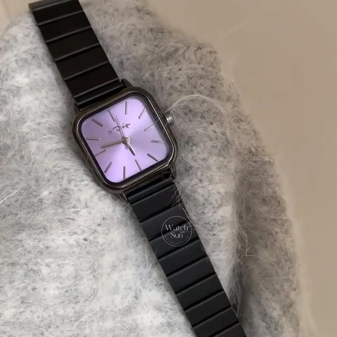 Black Stainless Band Green/Purple Dial Watch for Women