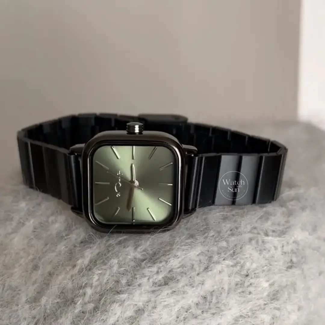 Black Stainless Band Green/Purple Dial Watch for Women