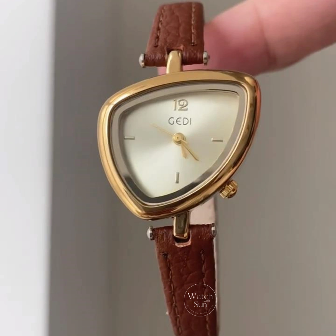 Chic Gold Brown Leather Band Watch Irregular Case Watch for Women