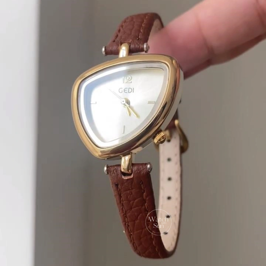 Chic Gold Brown Leather Band Watch Irregular Case Watch for Women