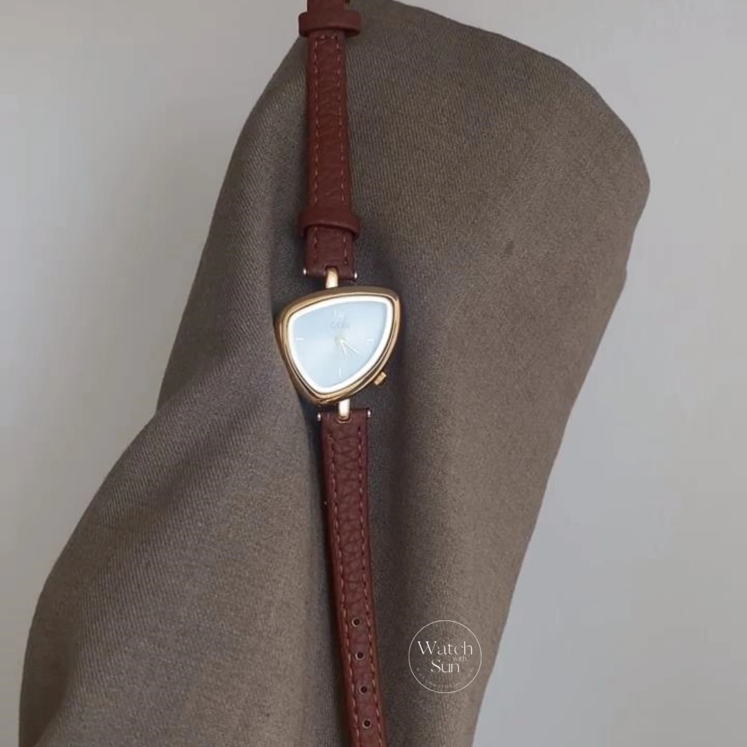 Chic Gold Brown Leather Band Watch Irregular Case Watch for Women