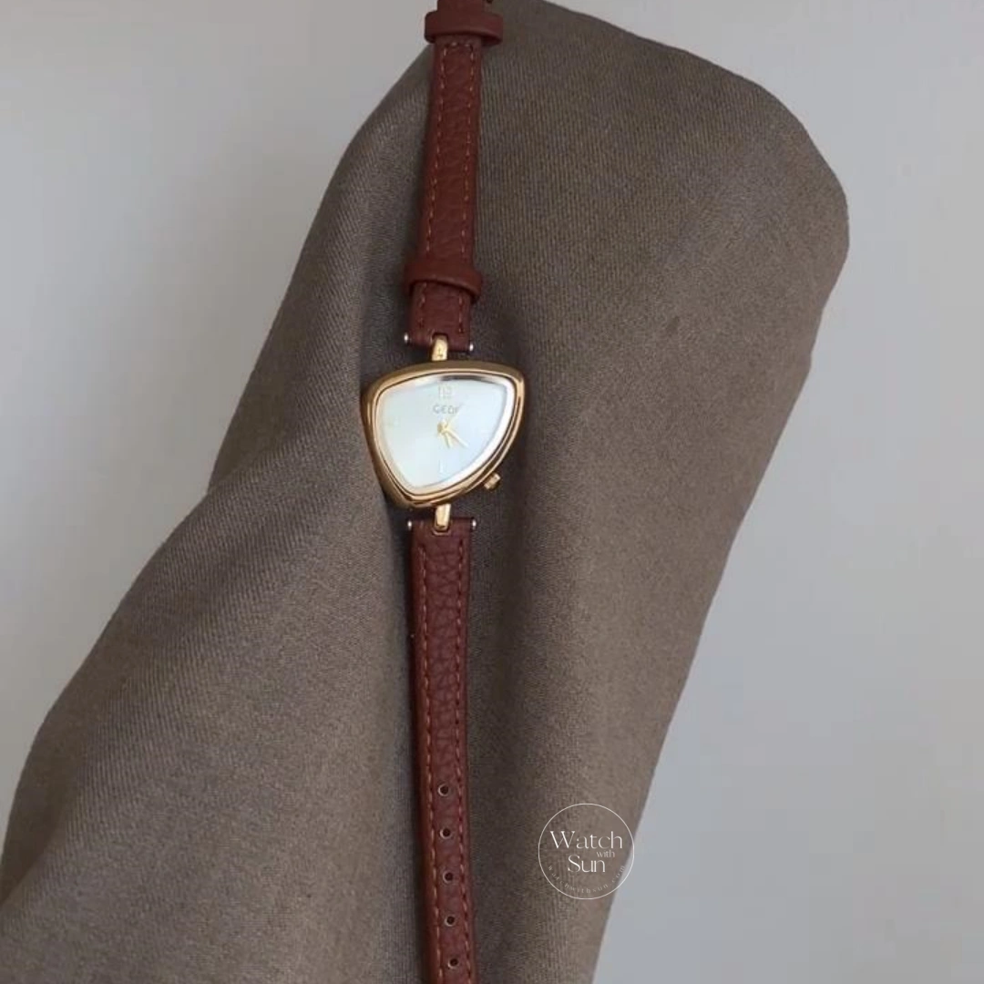 Chic Gold Brown Leather Band Watch Irregular Case Watch for Women