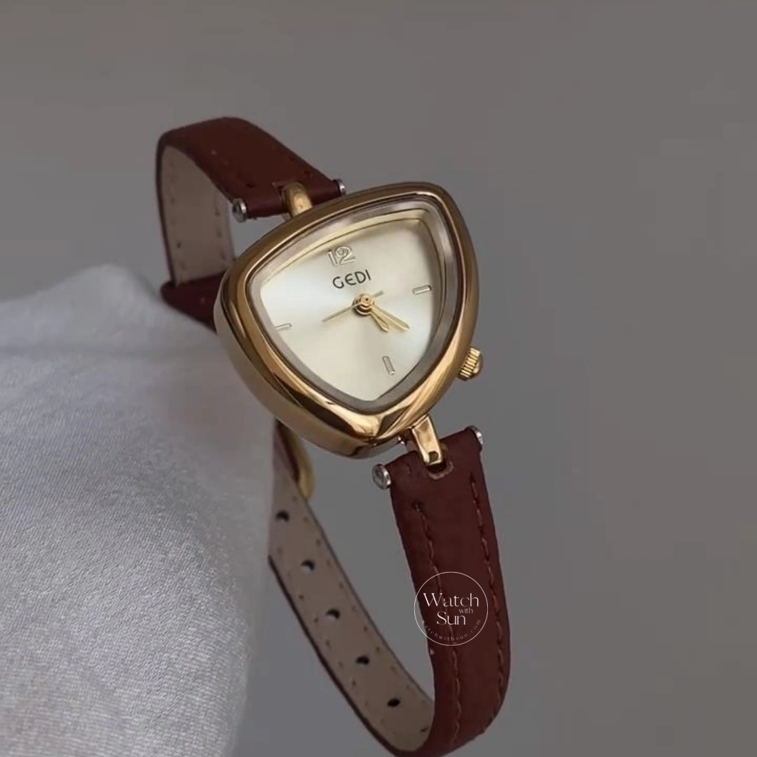 Chic Gold Brown Leather Band Watch Irregular Case Watch for Women