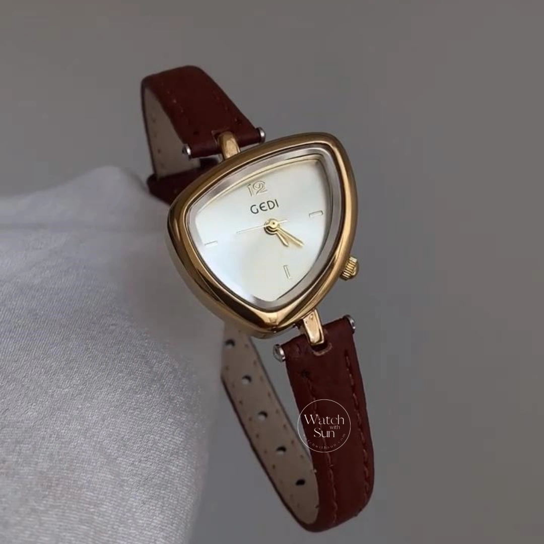 Chic Gold Brown Leather Band Watch Irregular Case Watch for Women
