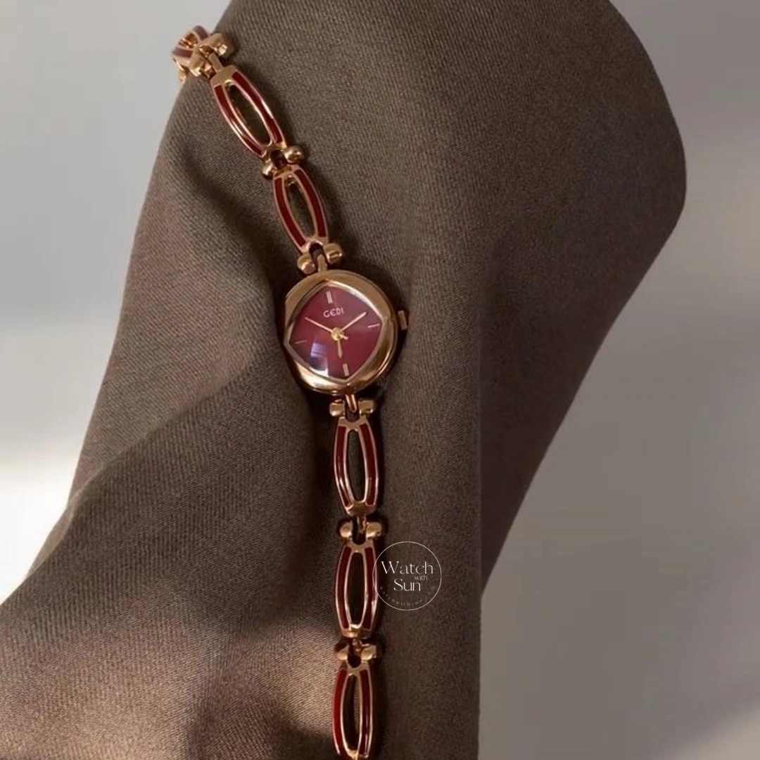 Vintage-inspired Burgundy Red Dial Watch for Women
