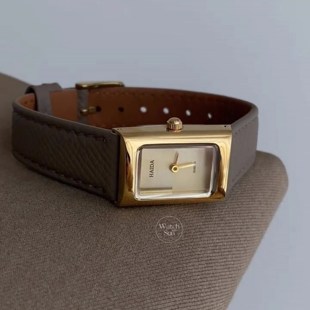 Classic Gold/ Silver Rectangular Watch for Women Beige Dial Genuine Leather Watch