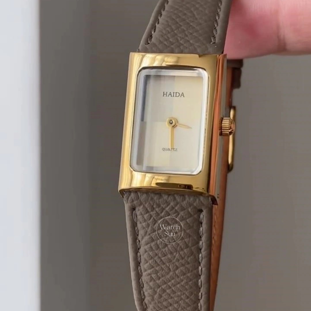 Classic Gold/ Silver Rectangular Watch for Women Beige Dial Genuine Leather Watch