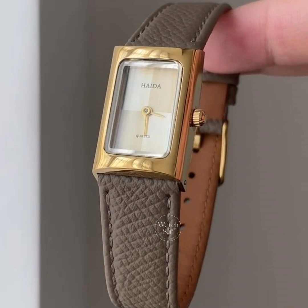 Classic Gold/ Silver Rectangular Watch for Women Beige Dial Genuine Leather Watch