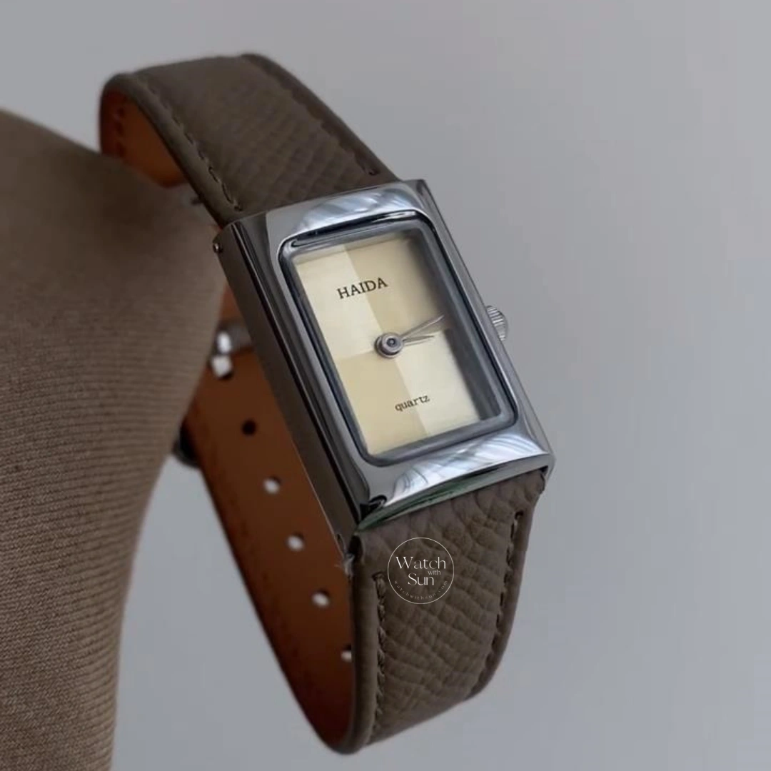 Classic Gold/ Silver Rectangular Watch for Women Beige Dial Genuine Leather Watch