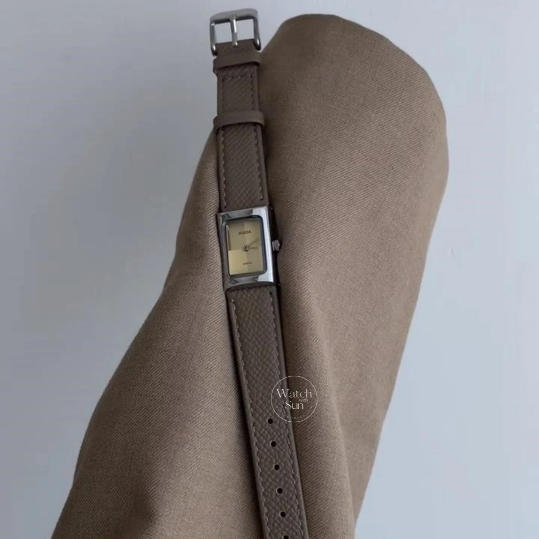 Classic Gold/ Silver Rectangular Watch for Women Beige Dial Genuine Leather Watch