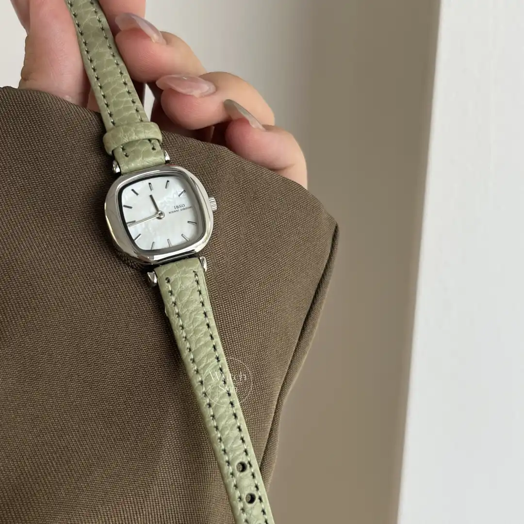 Elegant Sage Green Genuine Leather Band Watch Mother of Pearl Dial Silver case Watch for Women