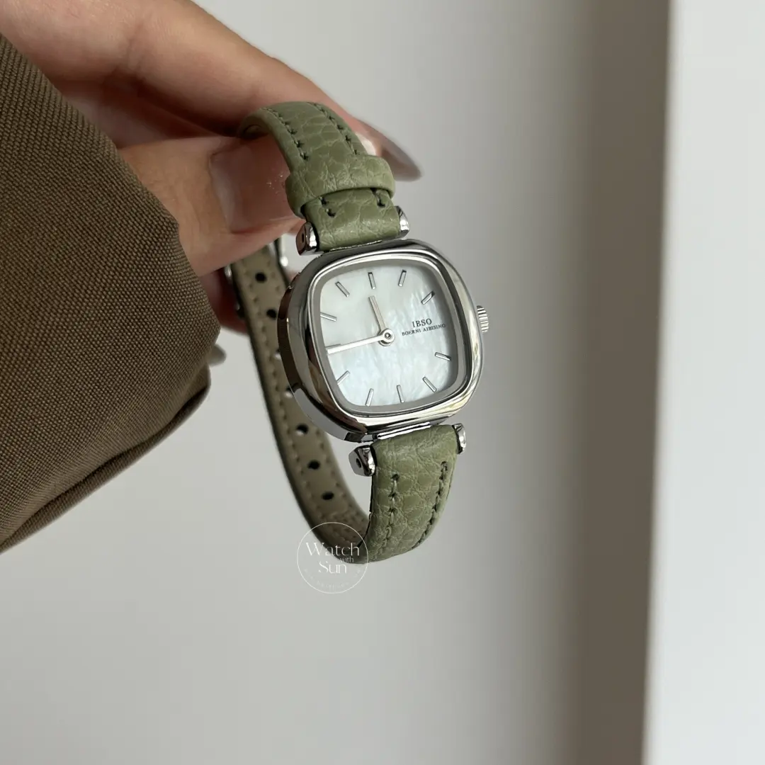 Elegant Sage Green Genuine Leather Band Watch Mother of Pearl Dial Silver case Watch for Women