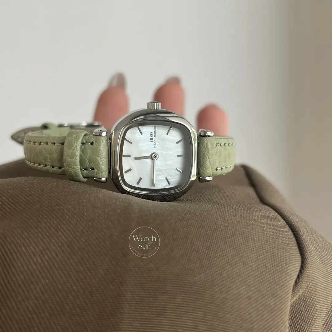 Elegant Sage Green Genuine Leather Band Watch Mother of Pearl Dial Silver case Watch for Women