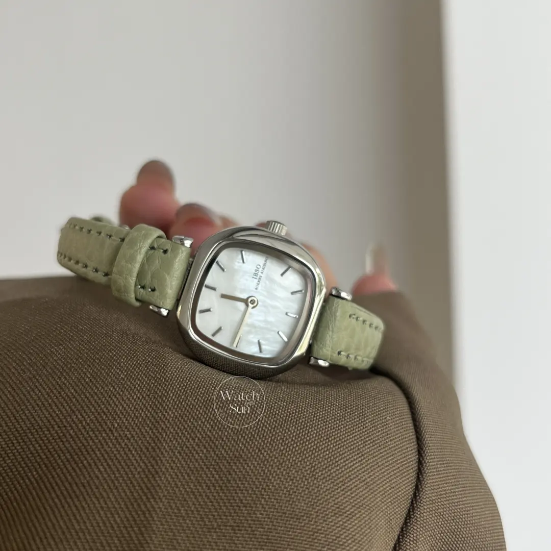 Elegant Sage Green Genuine Leather Band Watch Mother of Pearl Dial Silver case Watch for Women
