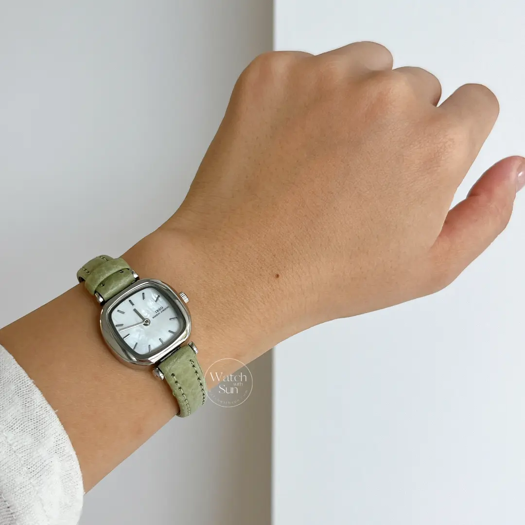 Elegant Sage Green Genuine Leather Band Watch Mother of Pearl Dial Silver case Watch for Women