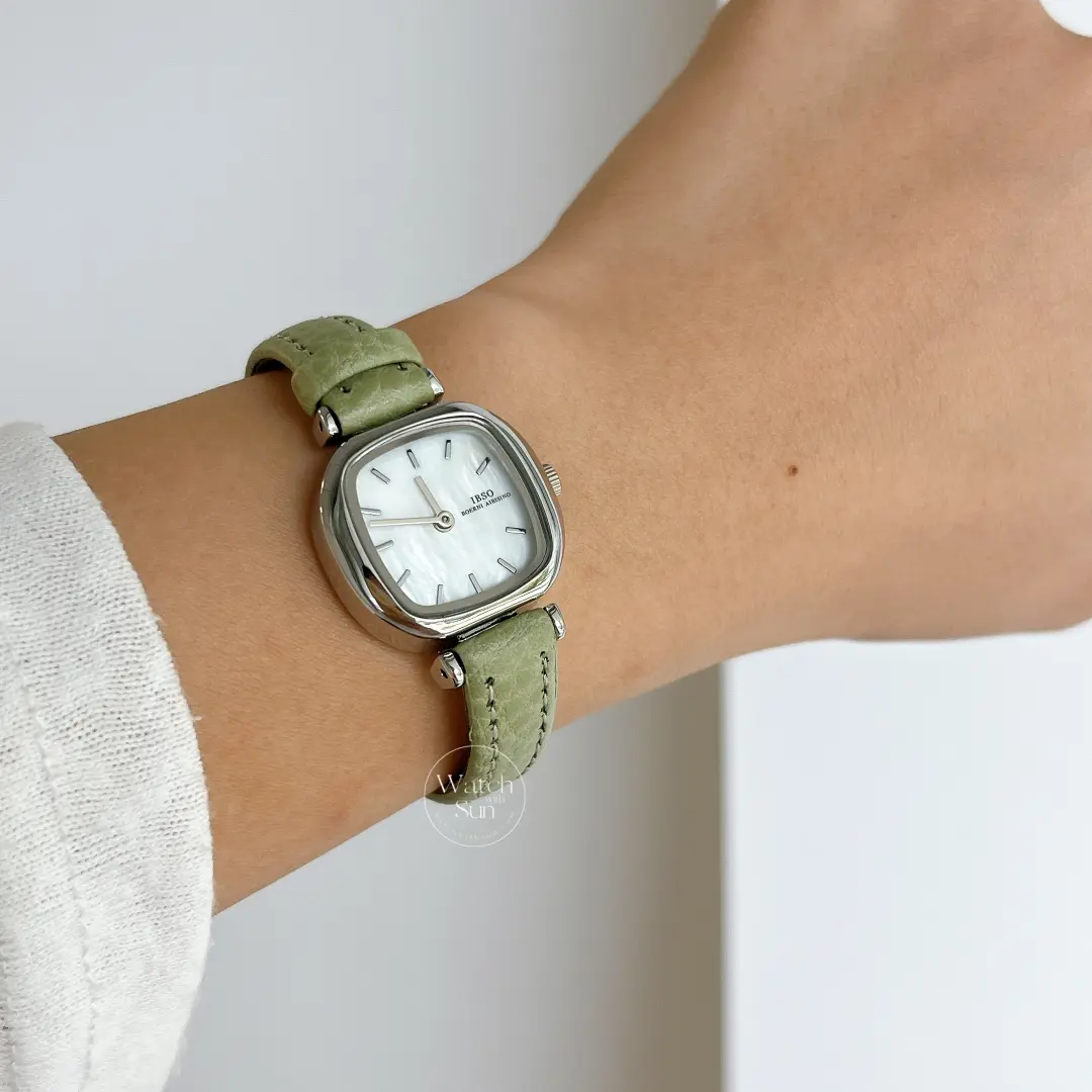 Elegant Sage Green Genuine Leather Band Watch Mother of Pearl Dial Silver case Watch for Women