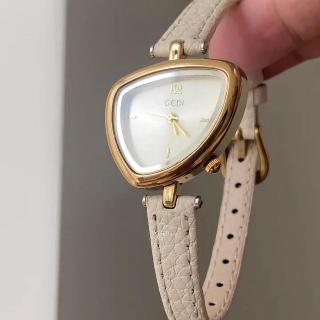 Chic Gold Pink Leather Band Watch Irregular Case Watch for Women