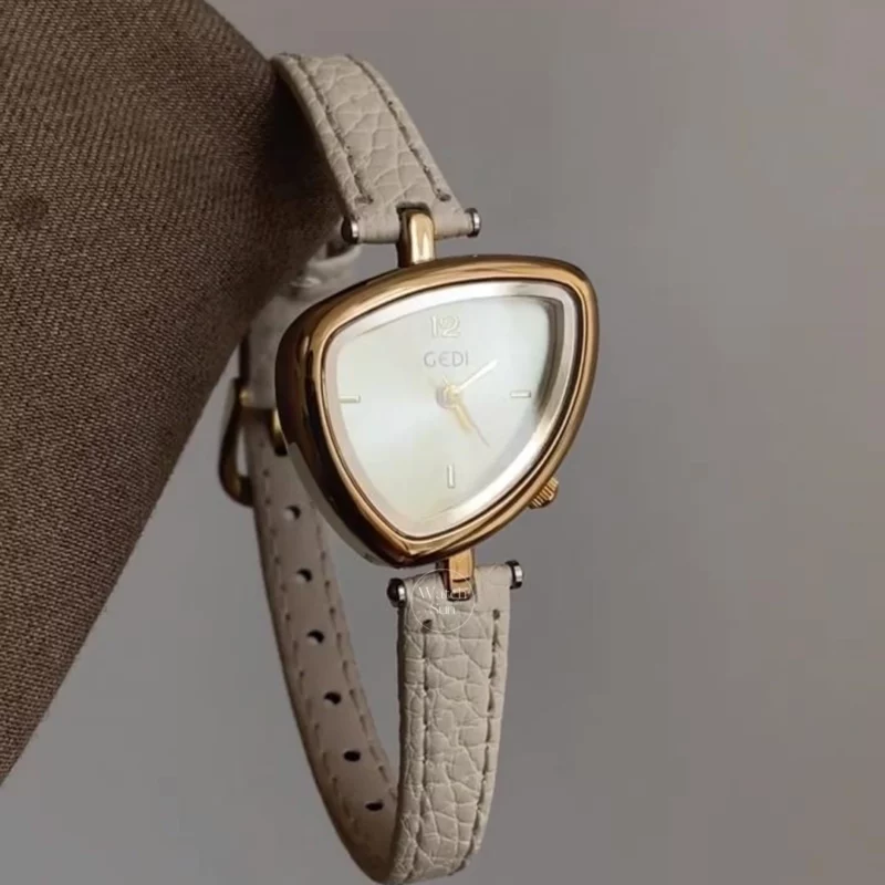 Chic Gold Pink Leather Band Watch Irregular Case Watch for Women