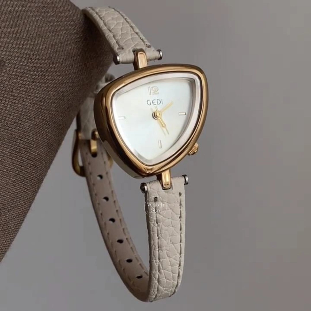 Chic Gold Pink Leather Band Watch Irregular Case Watch for Women