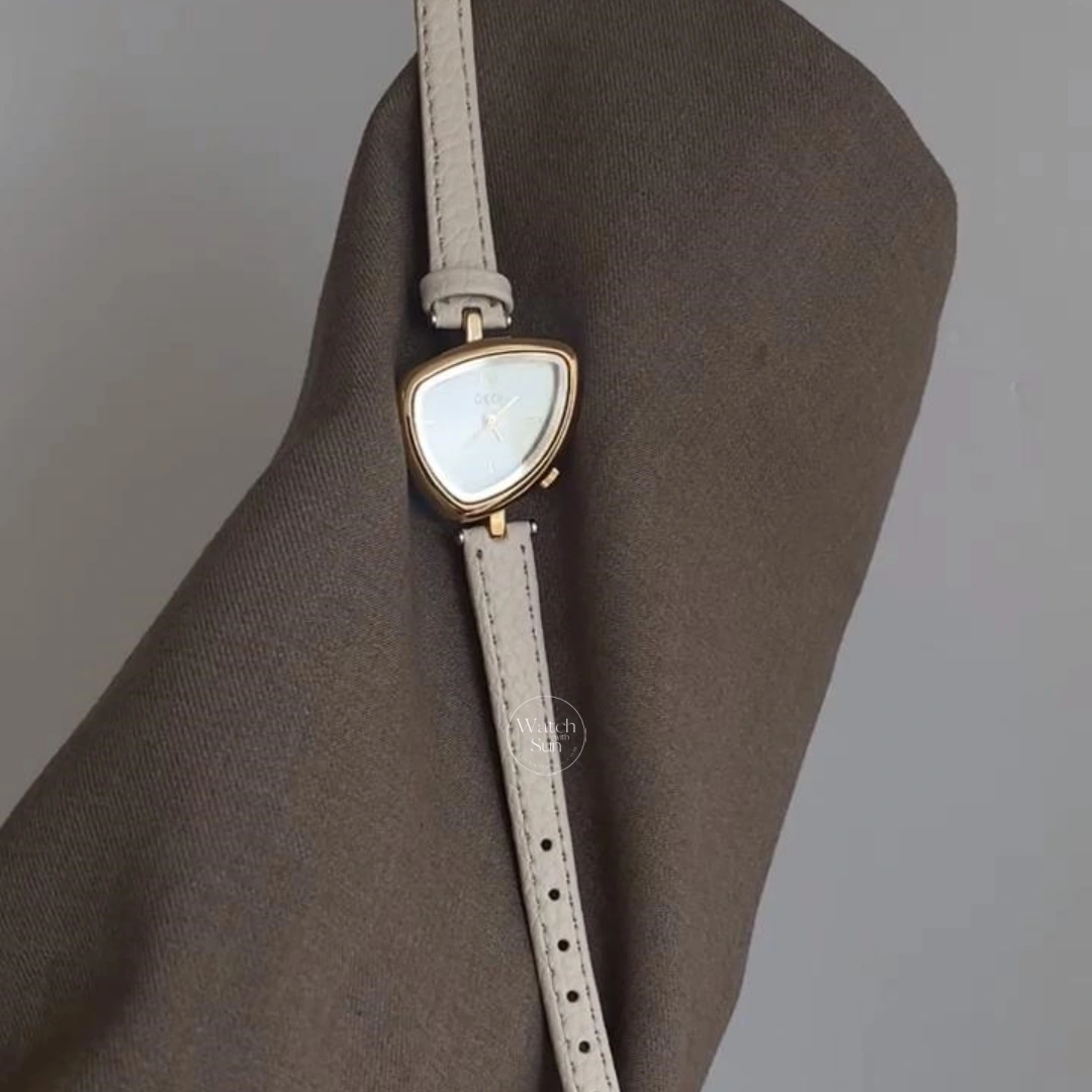 Chic Gold Pink Leather Band Watch Irregular Case Watch for Women