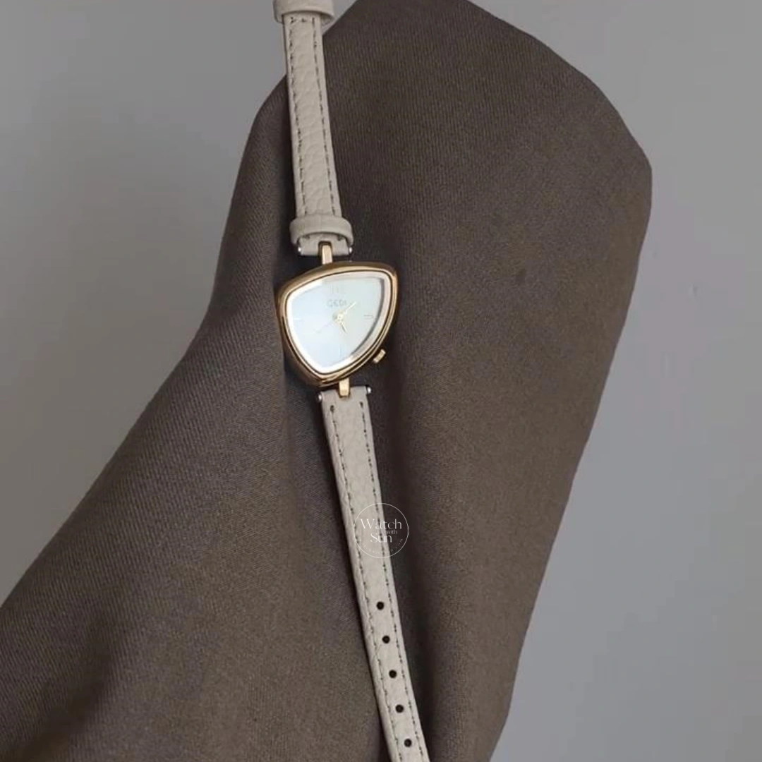 Chic Gold Pink Leather Band Watch Irregular Case Watch for Women