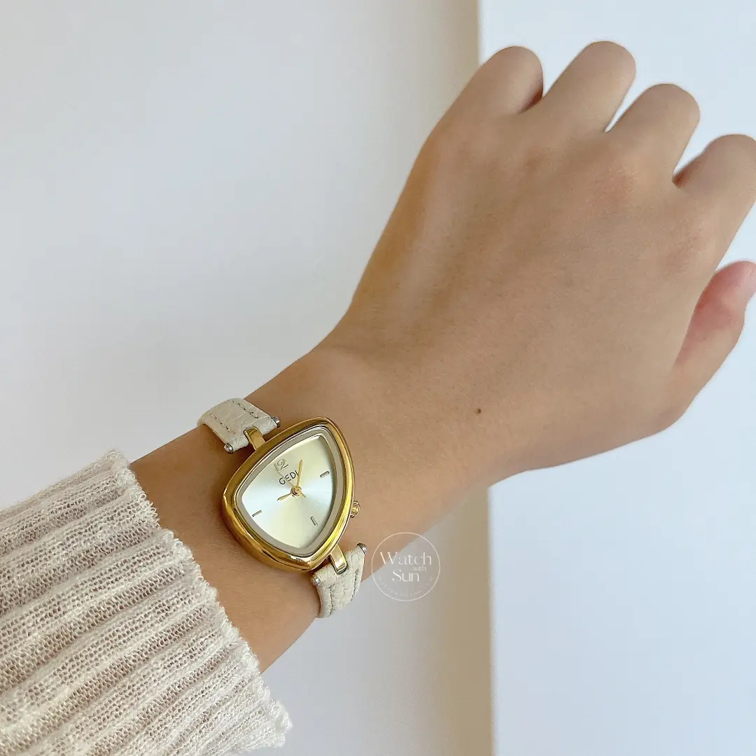 Chic Gold Pink Leather Band Watch Irregular Case Watch for Women