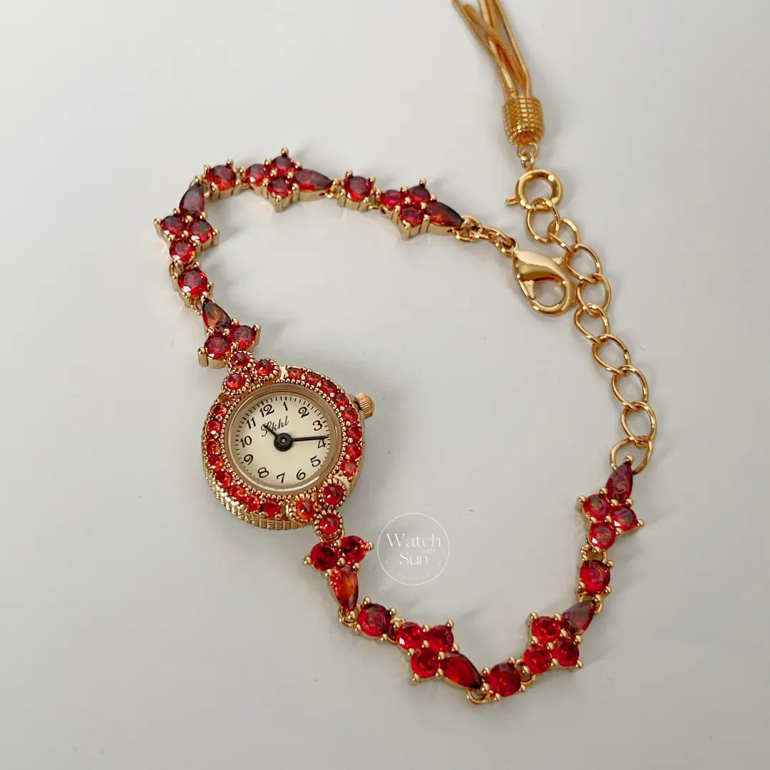 Vintage-inspired Red Crystal Bracelet Watch Thin Bracelet Elegant Ladies Watch