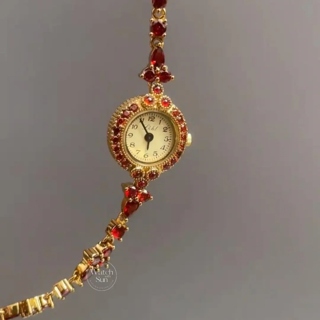 Vintage-inspired Red Crystal Bracelet Watch Thin Bracelet Elegant Ladies Watch
